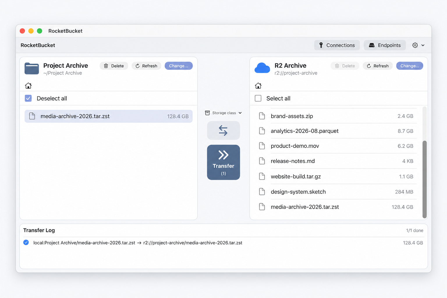 RocketBucket window: a local folder on the left, an S3 bucket on the right, files transferring between them